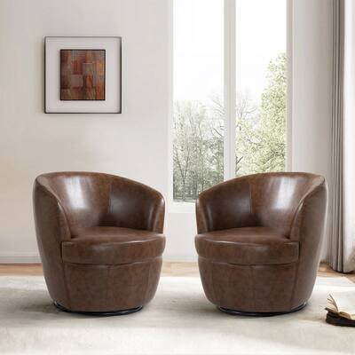 32" Wide PU Leather Swivel Barrel Chair with Metal Rotary Base (Set of 2)