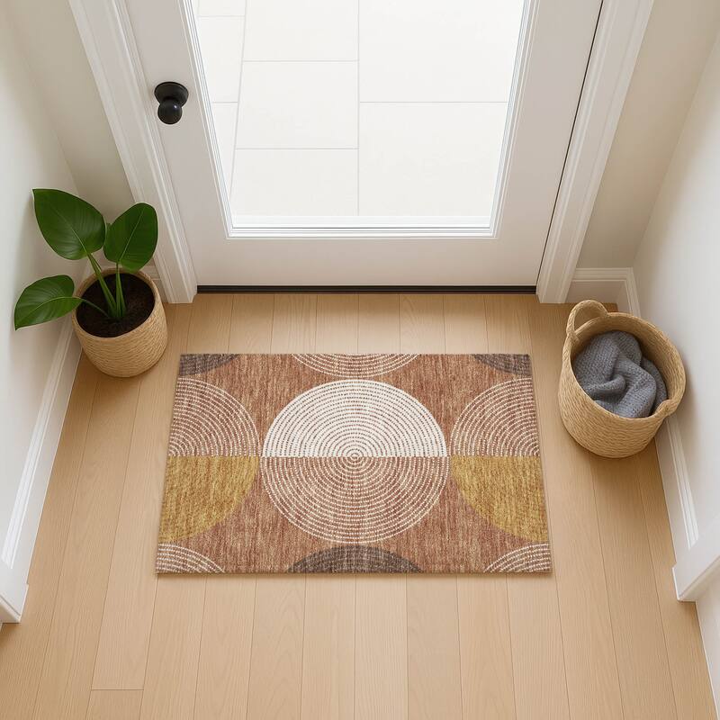 Machine Washable Indoor/ Outdoor Casual Circles Chantille Rug