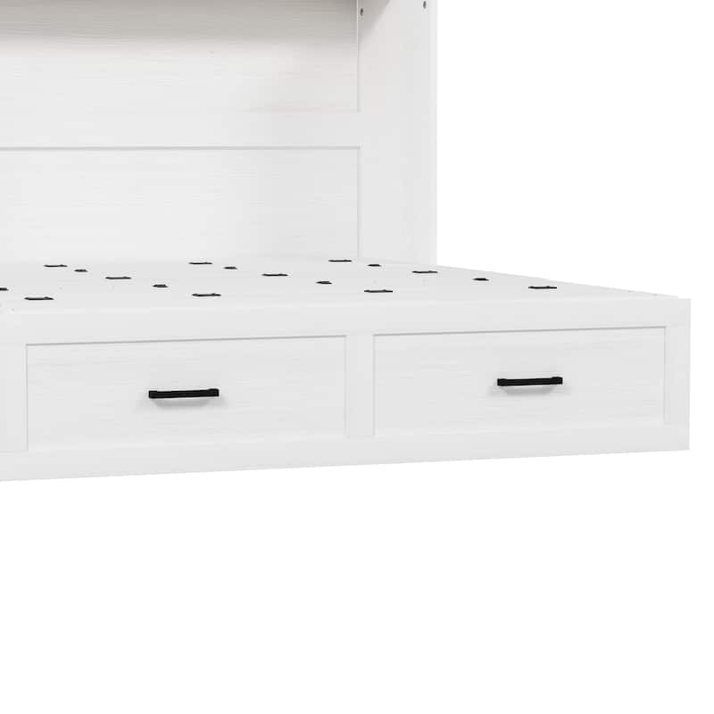Farmhouse Murphy Bed Platform Bed Hidden Cabinet Bed Wood Foldable Bed with Side Charging Station and Large Storage Drawer