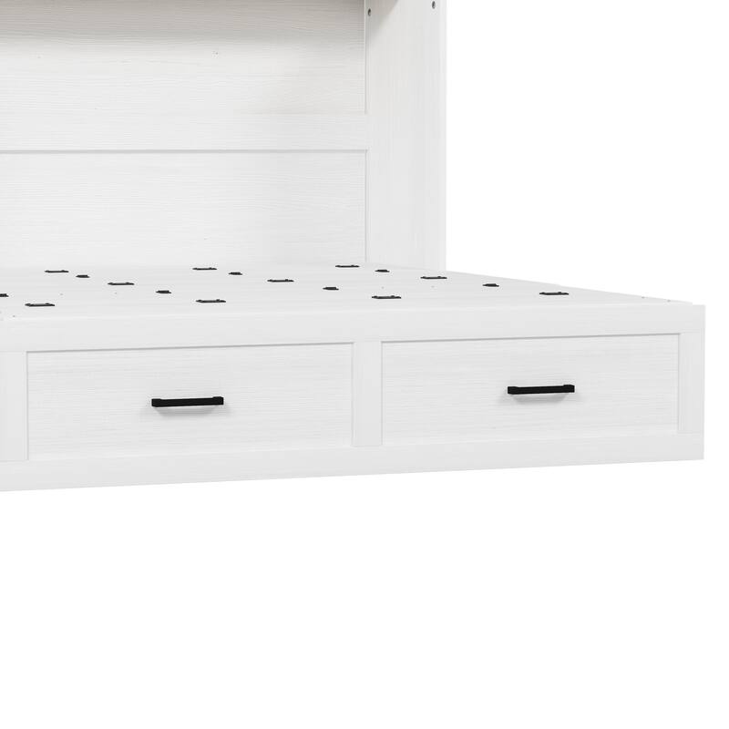 Queen Size Cabinet Bed with Charging Station, Foldable Platform Bed with Large Storage Drawer for Guest-Room, Small Bedroom