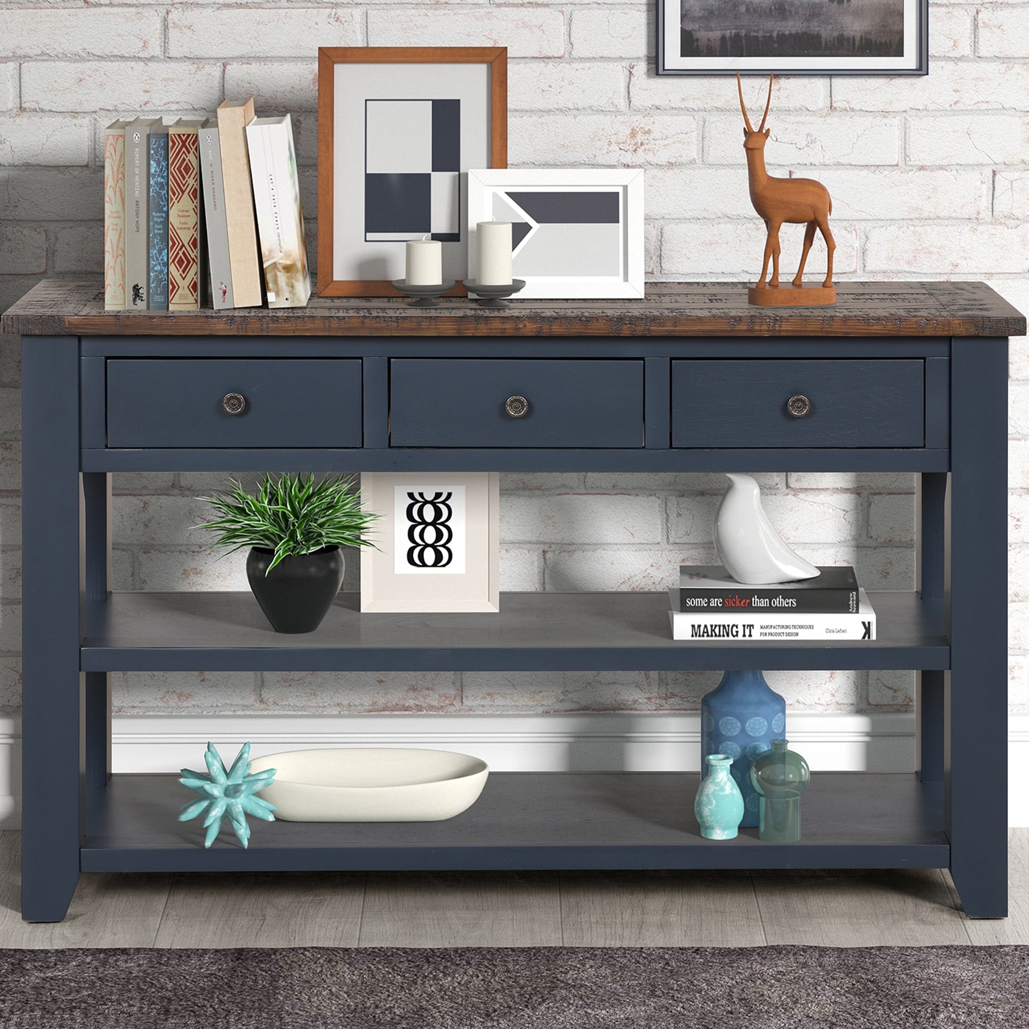 Rustic Wood Console Table with 3 Drawers for Entryway, Narrow Long Sofa Table Side Table with 3 Tier Storage Shelves for Hallway