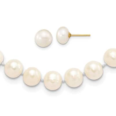 Curata 14k Yellow Gold 7-8mm Near Round White Freshwater Cultured Pearl Necklace and Button Earrings Set