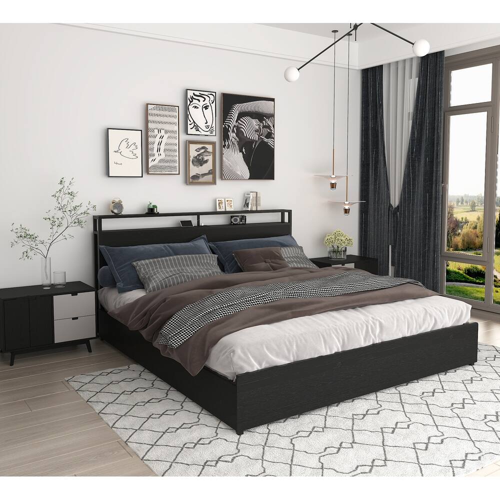 King Size Bed Frame with 4 Drawers, 2-Tier Storage Headboard with Charging Station, LED Lights, Metal Slat Support, Noise Free