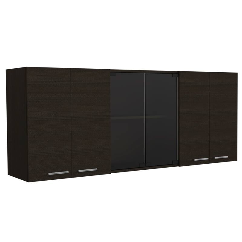 TUHOME Superior 150 Wall Cabinet with Glass Doors, 2 Double Cabinets, 4 Inner Shelves, Dish Rack and Cup Rack - N/A - Black
