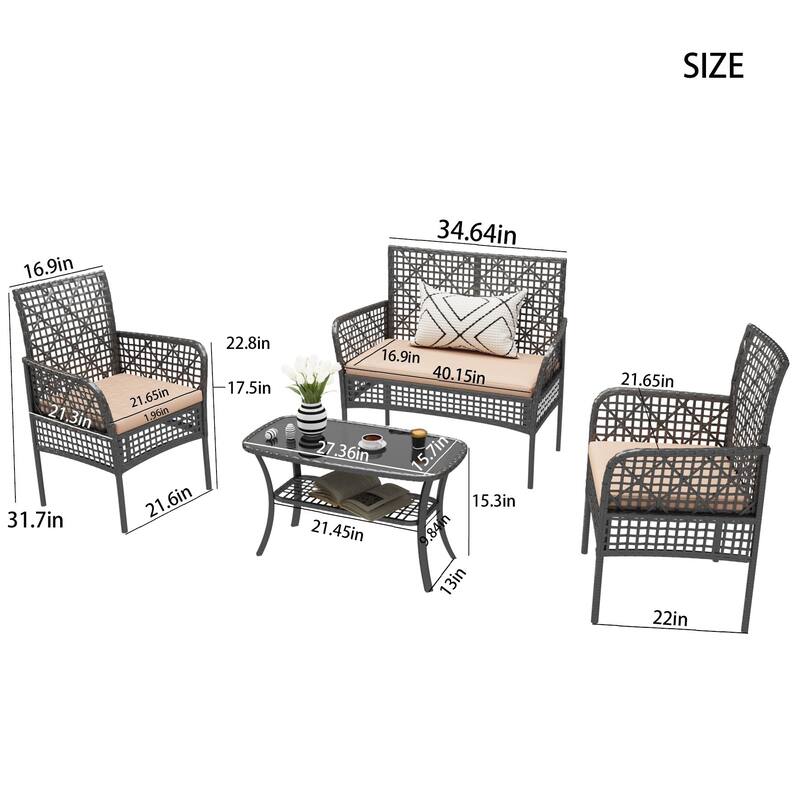4-Piece Outdoor PE Rattan Wicker Cnversation Sofa Set with Tempered Glass Coffee Table and Waterproof Cushions