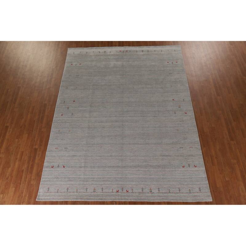 Striped Beige Gabbeh Oriental Area Rug Hand-Knotted Wool Carpet - 9'0"x 11'9"