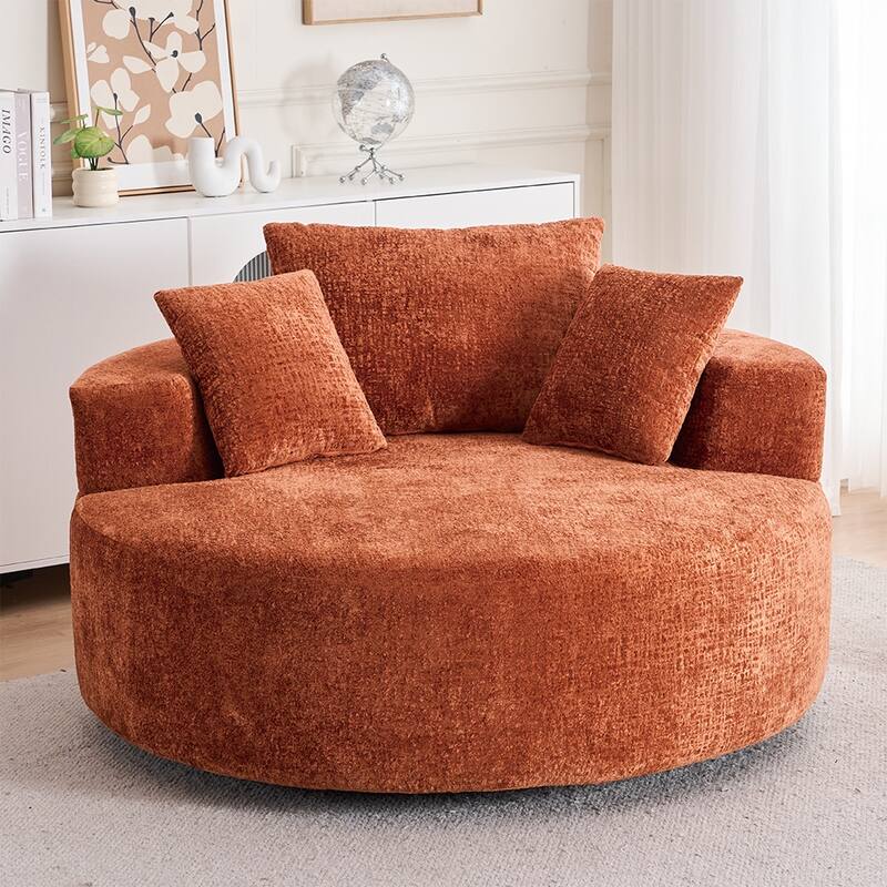 Round Accent Chair with High-Resilience Cushions, Swivel Chenille Barrel Chair, Fluffy Sleeper Lounge Chair