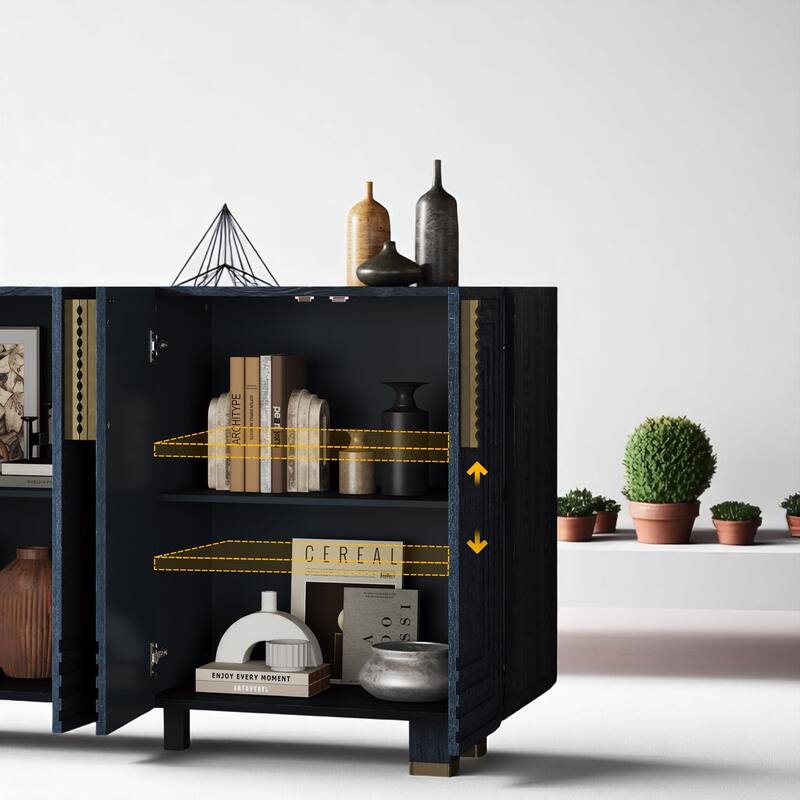 54" Retro Sideboard Buffet Cabinet with 4 Fluted Doors, Adjustable Shelves, Ash Veneer Storage Console for Dining Room