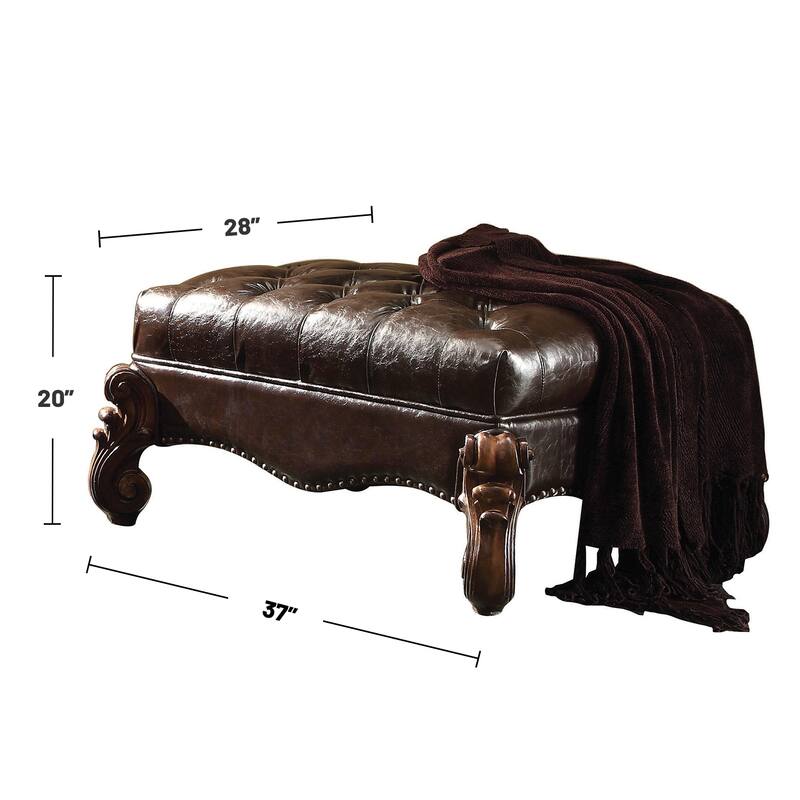 Upholstered Ottoman with Nailhead Trim in Dark Brown and Cherry Oak