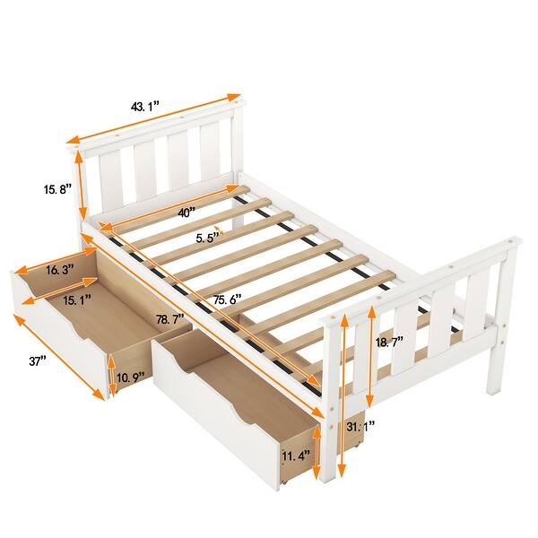 dimension image slide 1 of 2, Twin Size Solid Wood Platform Bed Frame with Storage Drawers With Storage Drawers,Footboard and Headboard
