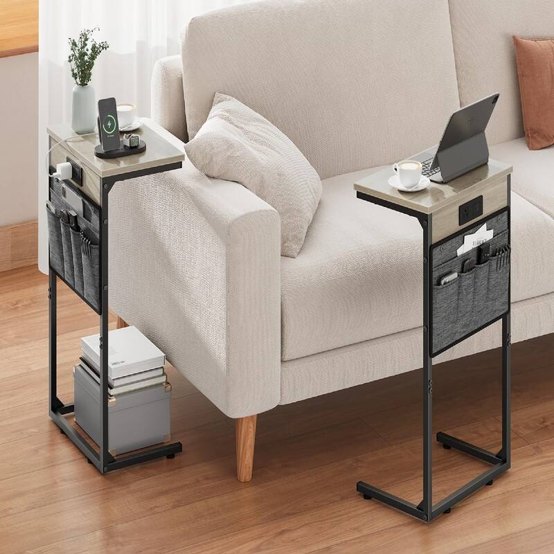 C Shaped End Table with Charging Station - 16.35"D x 10.84"W x 28.23"H