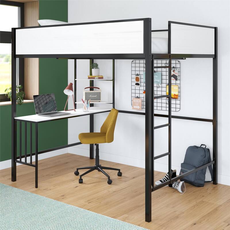Full Loft Bed with Desk and Shelves for Kids and Teens, Space-Saving Design with Study Area and Storage