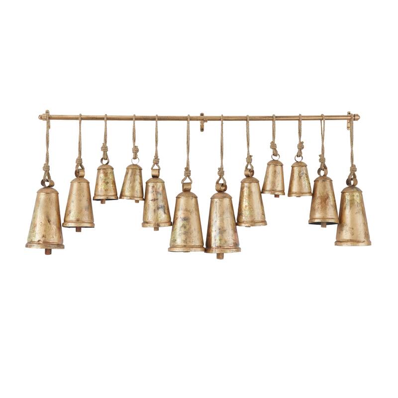 Gray or Bronze Metal Tibetan Inspired Decorative Cow Bell with Jute Hanging Rope and Rod