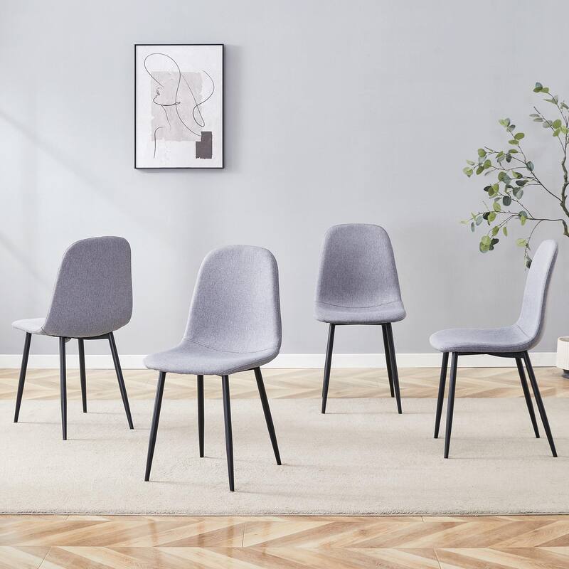 Luxury Simple Chair - Set of 4 Light Gray Linen-Cotton Material High Resilience Dining Chair with Metal Black Leg.Integr