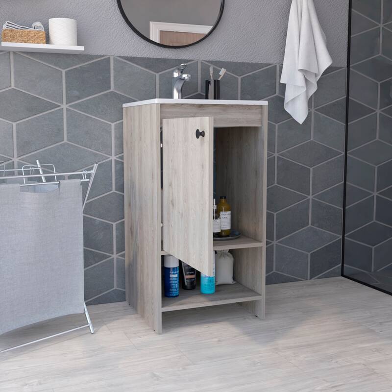 Bathroom Vanity with One Cabinet and Two Shelves, Light Gray, Ideal for Small Spaces and Powder Rooms