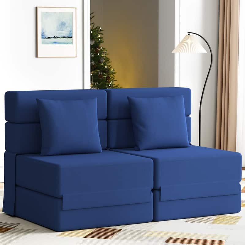 Corduroy Compression Convertible Folding Sectional Sofas (Set of 2) - Navy Corduroy