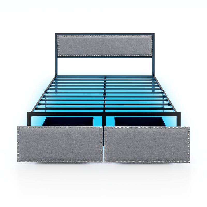 Full/Queen/Twin Size Bed Frame with LED Lights Drawer and Metal Slats - Queen