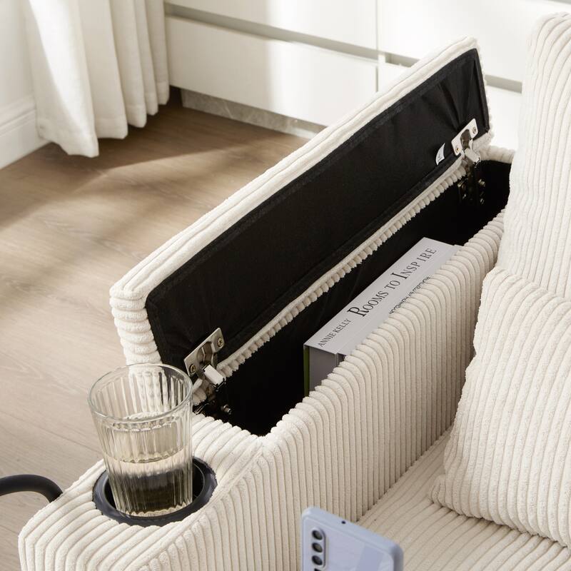 Anmytek 37.4" Convertible Chaise Lounge Sleeper Sofa Chair Corduroy with USB Ports Cup Holders Phone Holder Storage