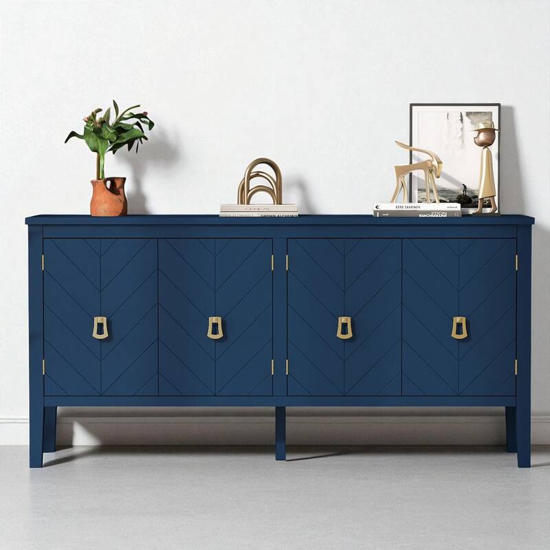 Four-Door Sideboard with Geometric Line Patterns and Vintage Metal Handles - 63" Storage Cabinet - Navy Blue
