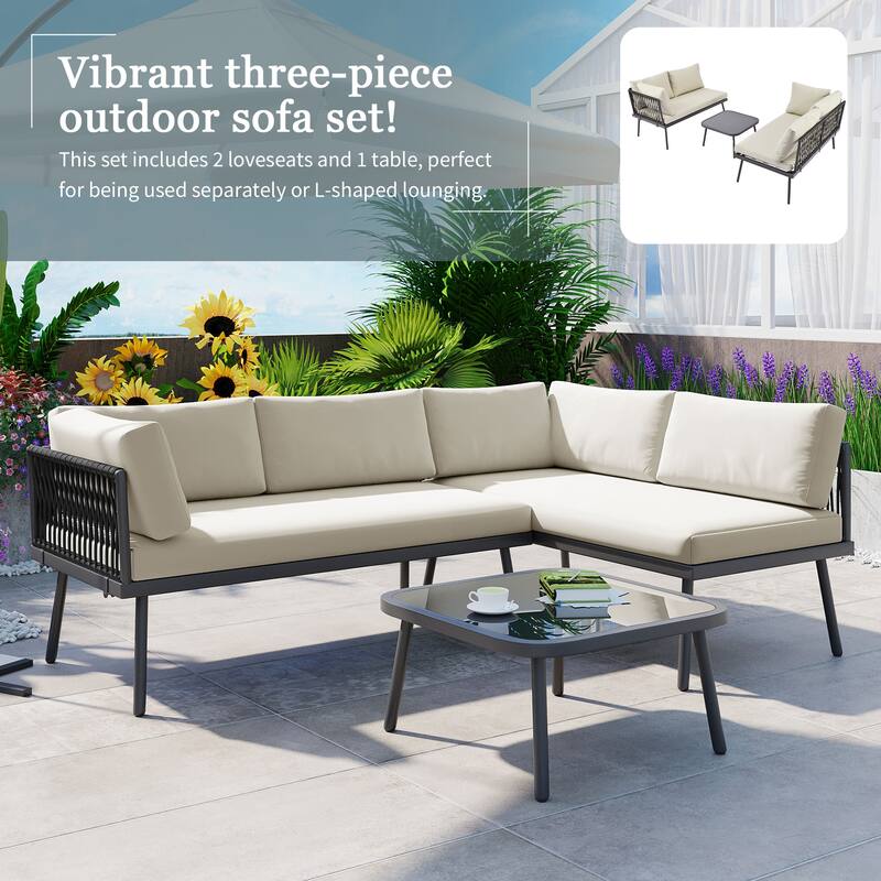 Modern Outdoor 3-Piece PE Rattan Sectional Sofa Set with Cushions and Glass Table