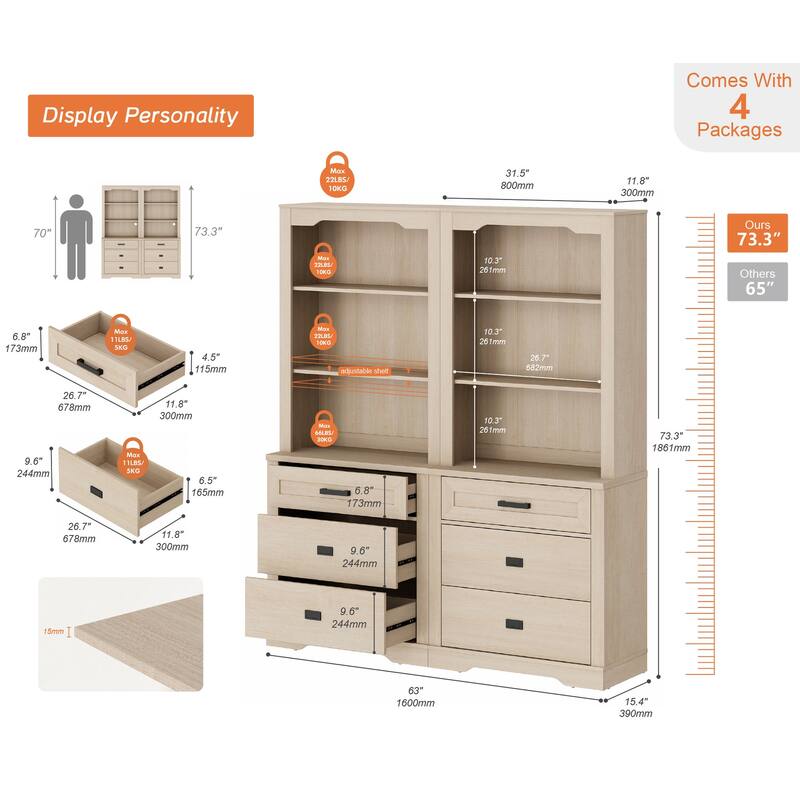 3 Tier Bookcase with Drawer,73.3" Tall Floor Standing Bookshelf