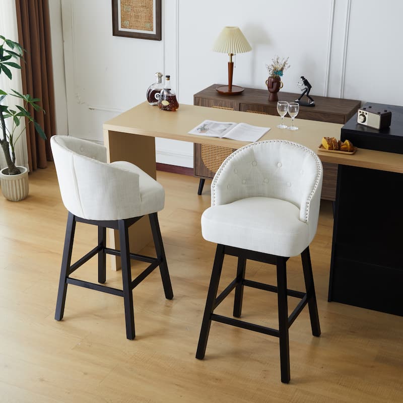 Set of 2 Swivel Counter Stools, 33.25" Upholstered with Backrest & Footrest - Black & Beige Rubberwood Frame