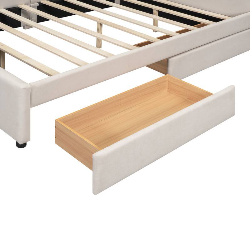 Beige Upholstered Daybed Platform Bed with 2 Storage Drawers Underbed, USB Charging, Linen Fabric, Wood Slat Daybed Frame