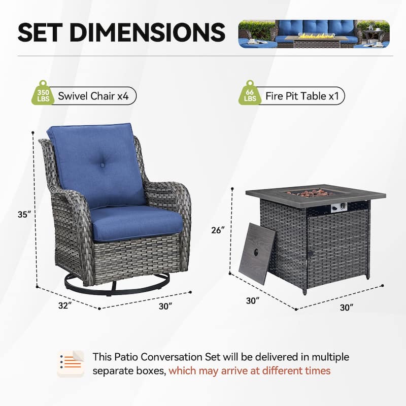 Gymojoy 5-Piece Outdoor Furniture Chair Set, 4 Swivel Chairs & 55K BTU Fire Pit Table