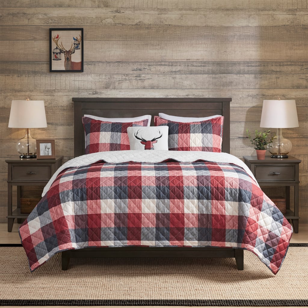 Madison Park Meadow Red 4 Piece Printed Herringbone to Sherpa Reversible Coverlet Set