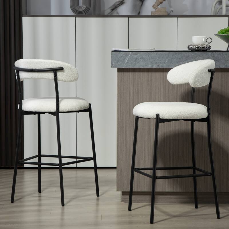 26'' Counter Height Bar Stools Teddy Fabric Cover Kitchen Island Counter Bar Stool with Black Powder Coating Base and Footrest