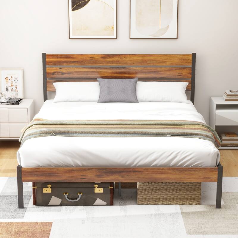 Wood Platform Bed Wood Bed Frame with Headboard, No Box Spring Needed