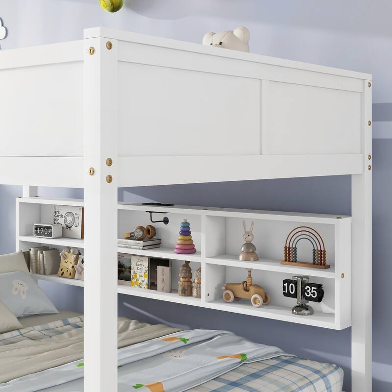 Queen Over Queen Bunk Bed with Built-in Storage Cabinets and Charging Station