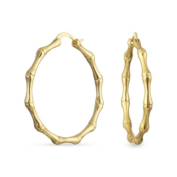 slide 1 of 5, Large Fashion Bamboo Hoop Earrings Yellow Gold Plated 1.5 Inch Dia