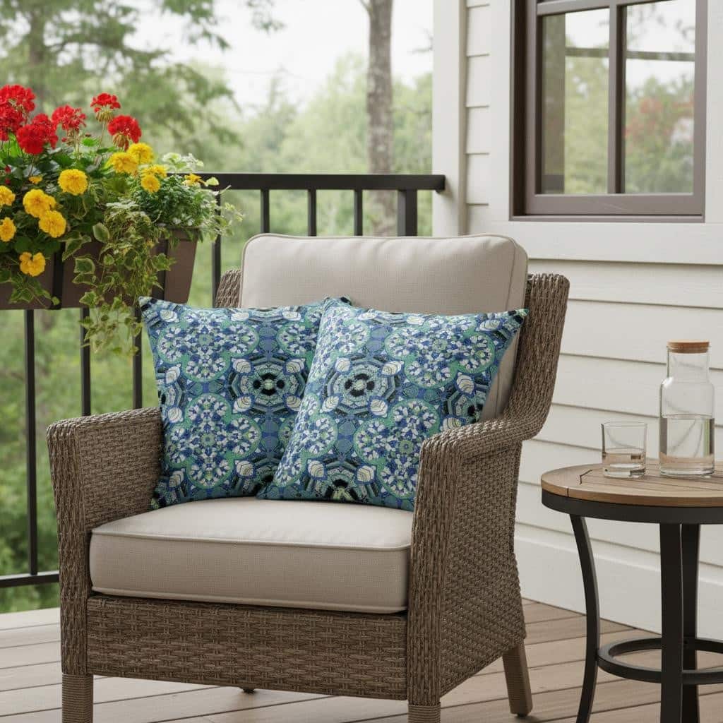 HomeRoots Set of Two 16" X 16" Blue and Black Blown Seam Floral Indoor Outdoor Throw Pillow - 16.00' X '16.00' X '5.00