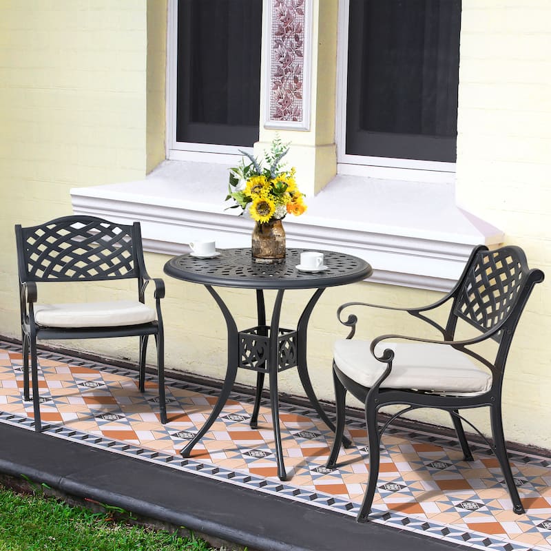 Outdoor 2-Person Cast Aluminum Bistro Set with Olefin Cushions
