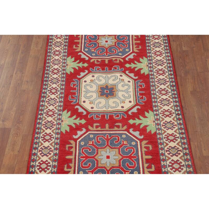 Geometric Red Kazak Oriental Runner Rug Hand-Knotted Wool Carpet - 3'4" x 6'7"