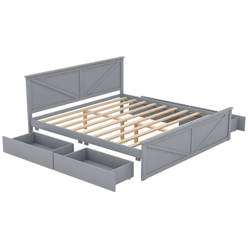 King Size Wooden Platform Bed with Four Drawers