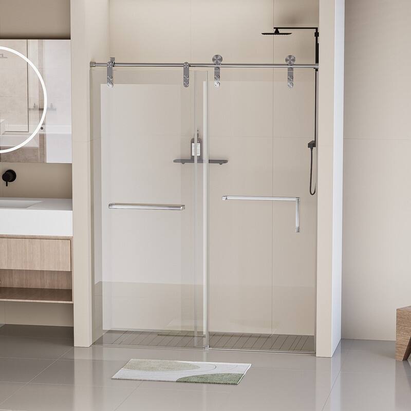 56-60" W x 76" H Single Sliding Frameless Shower Door with 5/16" (8mm) Tempered Glass & Dual Towel Bars