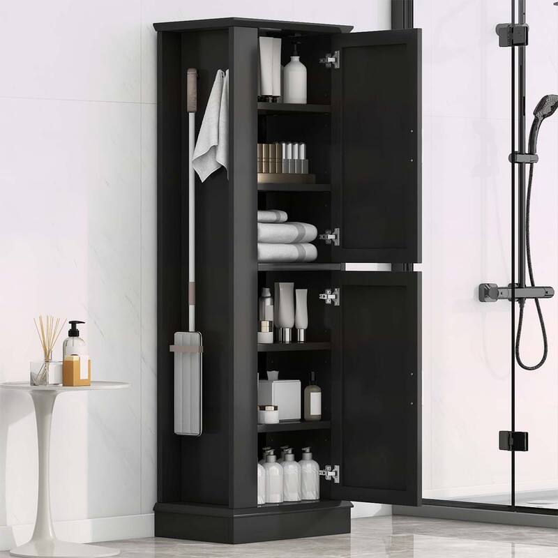 Tall Freestanding Bathroom Storage Cabinet with Adjustable Shelves,Hooks,and Anti-Toppling Device