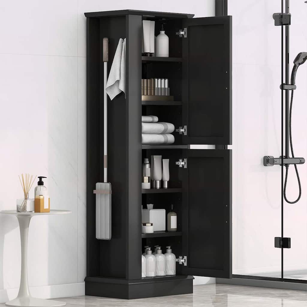 Tall Freestanding Bathroom Storage Cabinet with Adjustable Shelves,Hooks,and Anti-Toppling Device