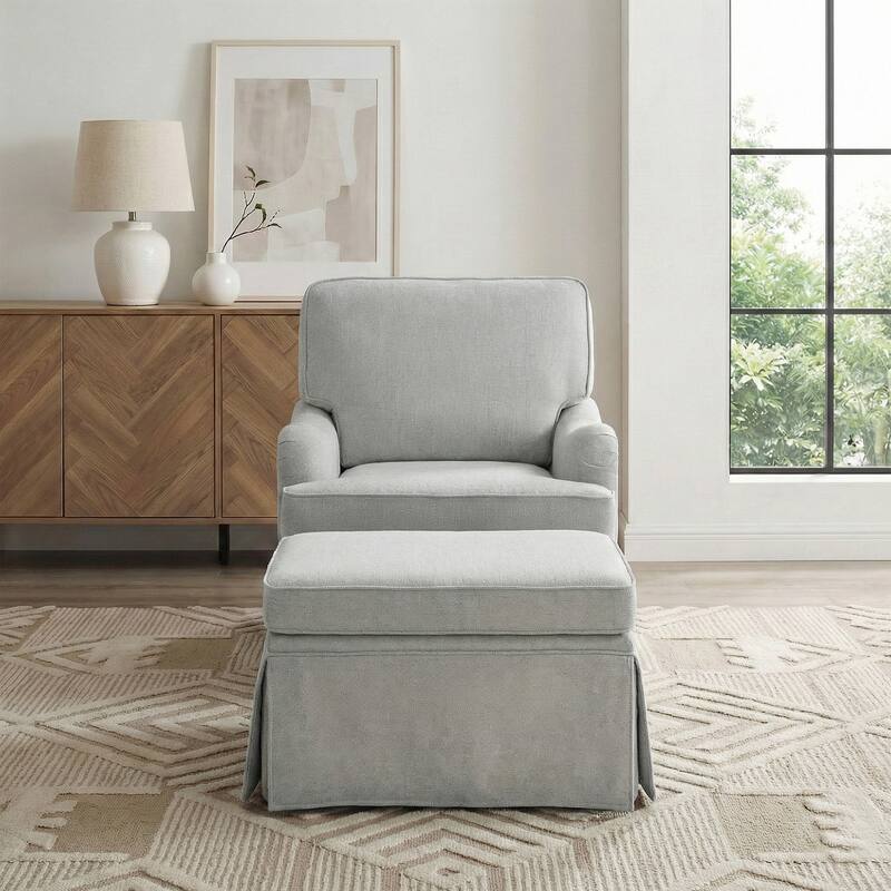 Chenille Swivel Accent Chair Storage Ottoman Set with Nailhead Trim Skirt