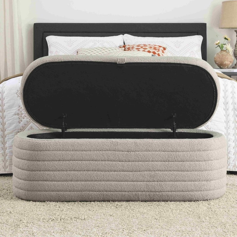 45" White Teddy Storage Ottoman Bench for Living Room Bedroom,Oval Sherpa Storage Bench Ottoman Foot Rest Anti-slip Legs