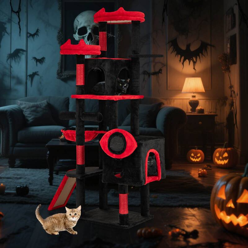 Costway Gothic Cat Tree for Indoor Cats with 2 Cat Condos & 2 Plush - as pic shows - See Details