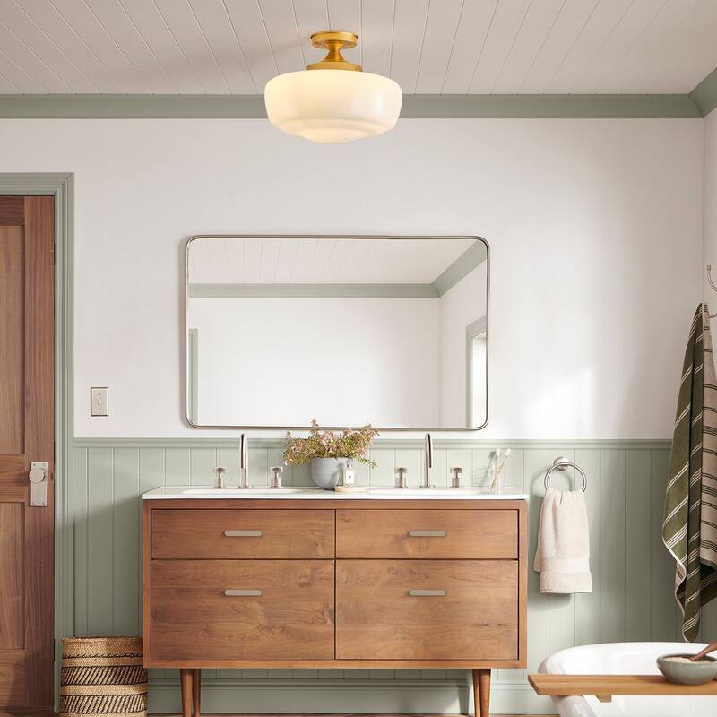 Modern Gold 1-Light Semi Flush Mount Ceiling Light with Milk White Glass Shade