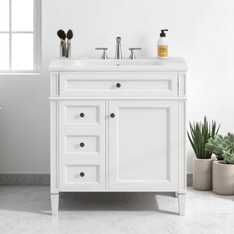 Modern 30 Inch Bathroom Vanity with Top Sink, Soft-Close Doors, Hidden Storage, and Drawer Organizer - White