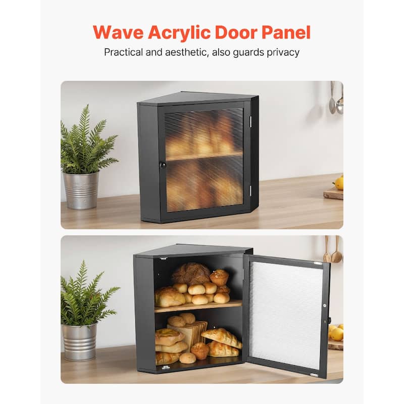 Black Wicker Wood Corner Bread Box with Double Layer Adjustable Shelves and Acrylic Door - 12.60” x 12.60” x 16.73”