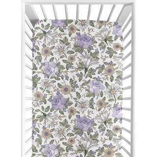 Sweet Jojo Designs Vintage Floral Boho Girl Fitted Crib Sheet Lavender Purple Green and Yellow Shabby Chic Rose Flower Farmhouse