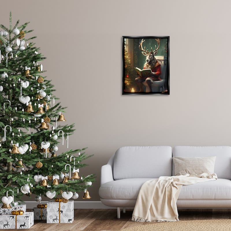 Stupell Reindeer in Festive Bathroom Framed Floater Canvas Wall Art Design By Jo Moulton