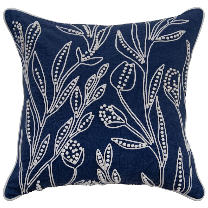 Rizzy Home Botanical Embroidered Throw Pillow - Down Alternative - Blue/Natural