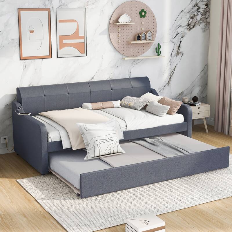 Upholstered Sofa Bed with Trundle & USB Charging Design, Twin Size Daybed with Backrest, Trundle